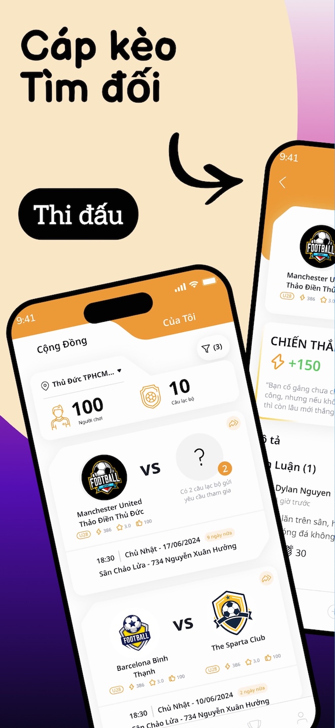 Giao diện ứng dụng Sporta hiển thị tính năng lên lịch trận đấu và quản lý đội bóng